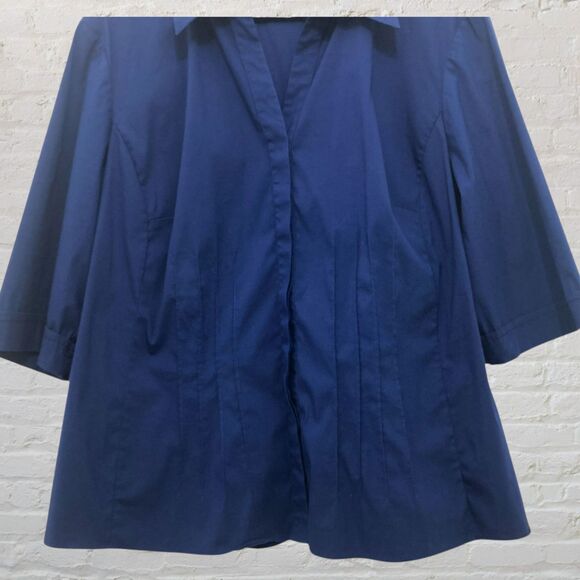 Lafayette 148 New York Blouse 20 Pintuck 3/4 Sleeve Button Down Navy Blue - Picture 9 of 14